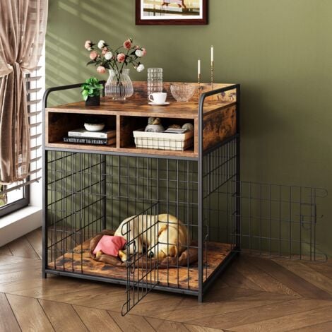 Small Dog Crate Furniture with Drawer Storage  Small Indoor Wood Dog Kennel  Metal+Wood Dog Cage Table  70×52×73CM - Rustic Brown