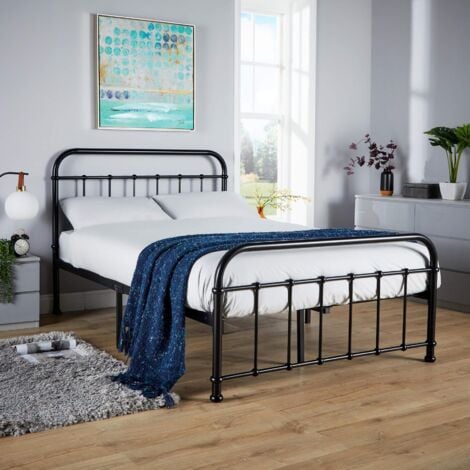 Small Double 4ft Black Metal Bar Bed Frame Wooden Slats Living Bedroom Furniture