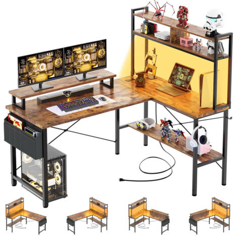 Small L-Shaped Corner Gaming Desk, Computer Desk with Power Outlets, LED Lights, Monitor Stand, Storage Shelf and Storage Bag for Home Office