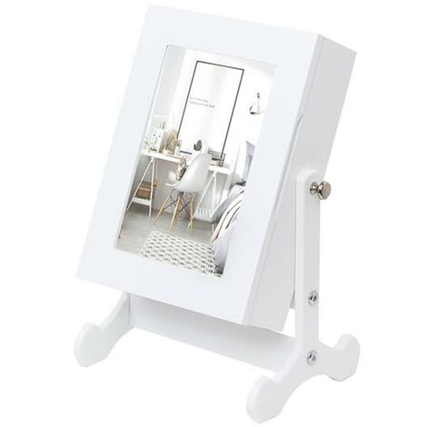 Small Mirror Jewelry Cabinet Organizer Armoire Storage Box Countertop with Stand White