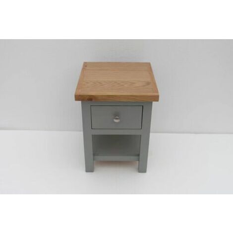 Small Painted Oak Compact Side Table with Drawer and Shelf - Light Grey