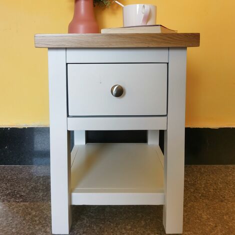 Small Painted Oak Compact Side Table with Drawer and Shelf - White