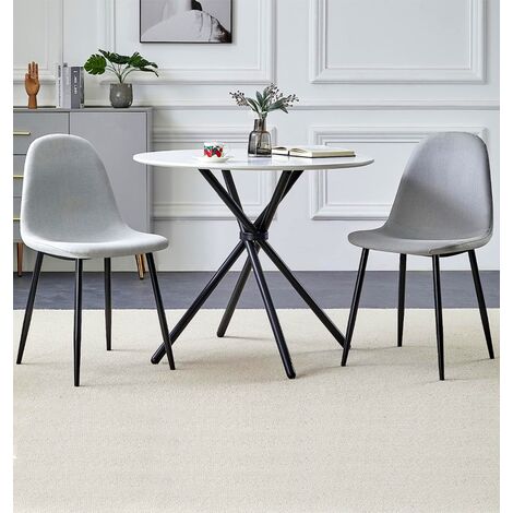 Small Round White Dining Table and 2 Grey Fabric Chairs Set / Metal Legs