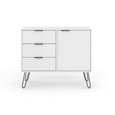 Small Sideboard with 1 Door, 3 Drawers - Manufactured Wood Fibre Board/Metal - 90 x 43 x 73.6 cm - White