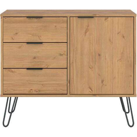 Small Sideboard with 1 Door, 3 Drawers - Pine/Metal/MDF - 90 x 43 x 73.6 cm - Antique Waxed Pine/Black