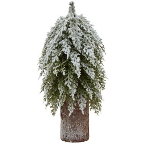 Small Snowy Fir Tree on Tall Wood Log - Plastic - Height 30 cm - Brown