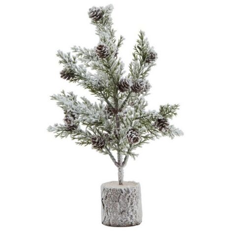 Small Snowy Fir Tree with Pinecones in Wood Log - Plastic - Height 30 cm - Brown