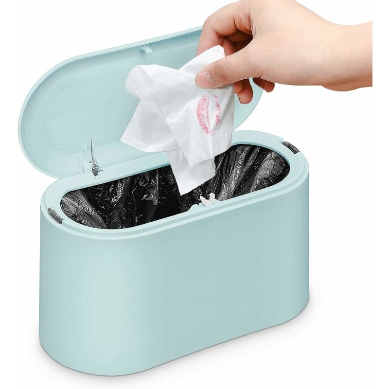 Small Tabletop Trash Can with Push Button Lid for Bathroom, Office, Bedroom and Kitchen (Light Blue)