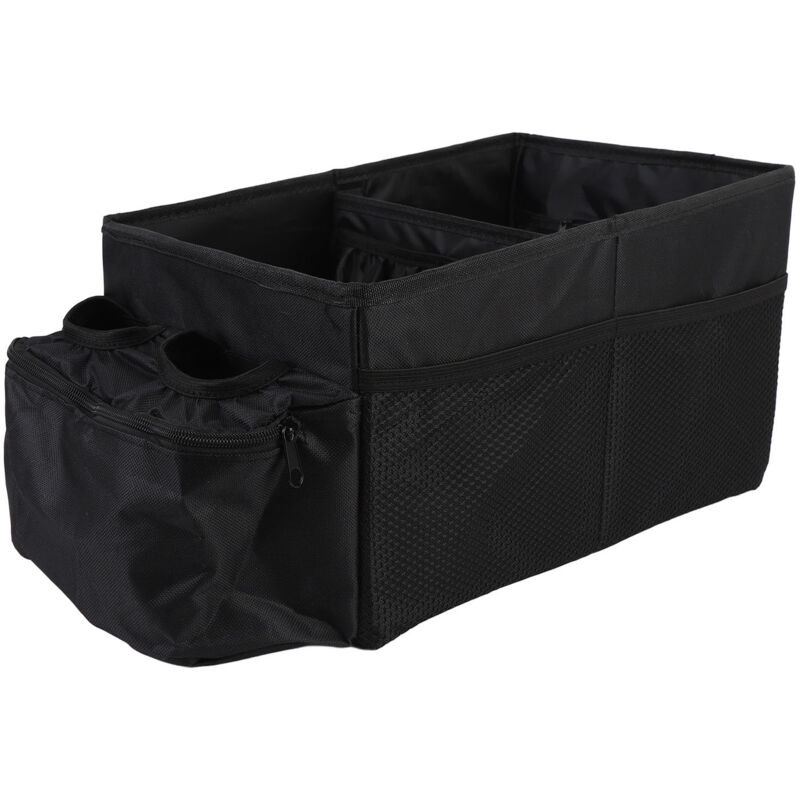 Small Trunk Organizer with Double Cup Holder Pocket Collapsible 600D Oxford Cloth 29L Waterproofing Seat Organizer for Front Rear Seat Black