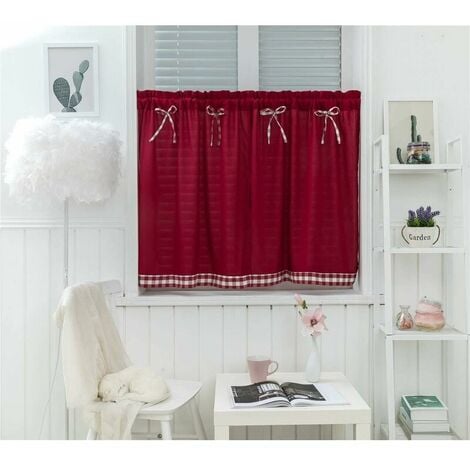 Small Vintage Country Style Short Window Curtains Opaque Disc Curtains Short Curtains Short Curtain Modern Kitchen Curtain Plaid Set of 2 Living Room (Wine Red 130  41cm)