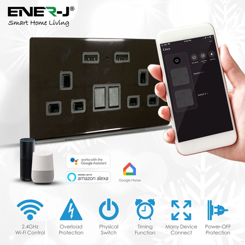 Smart 13A WiFi Twin Wall Sockets with 2 USB Ports (Black). Control Individually via app or Voice Control