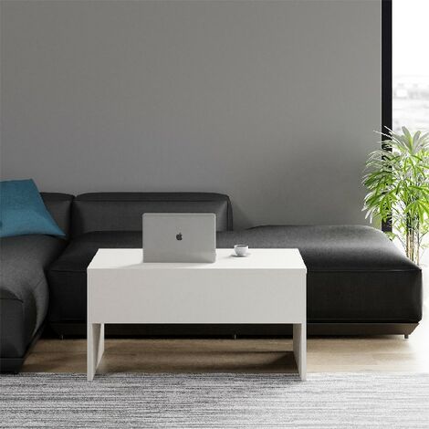 Smart Coffee Table - Table basse surelevee pour economiser de l'espace Porte-PC Porte-revues - avec etageres - Salon - Bois blanc, 90 x 52,5 x 67 cm