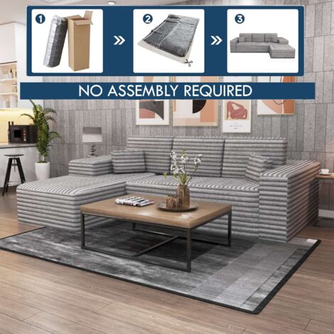 Smart Corduroy L-Shaped Corner Sofa in Left or Right Facing - Grey Left Corner
