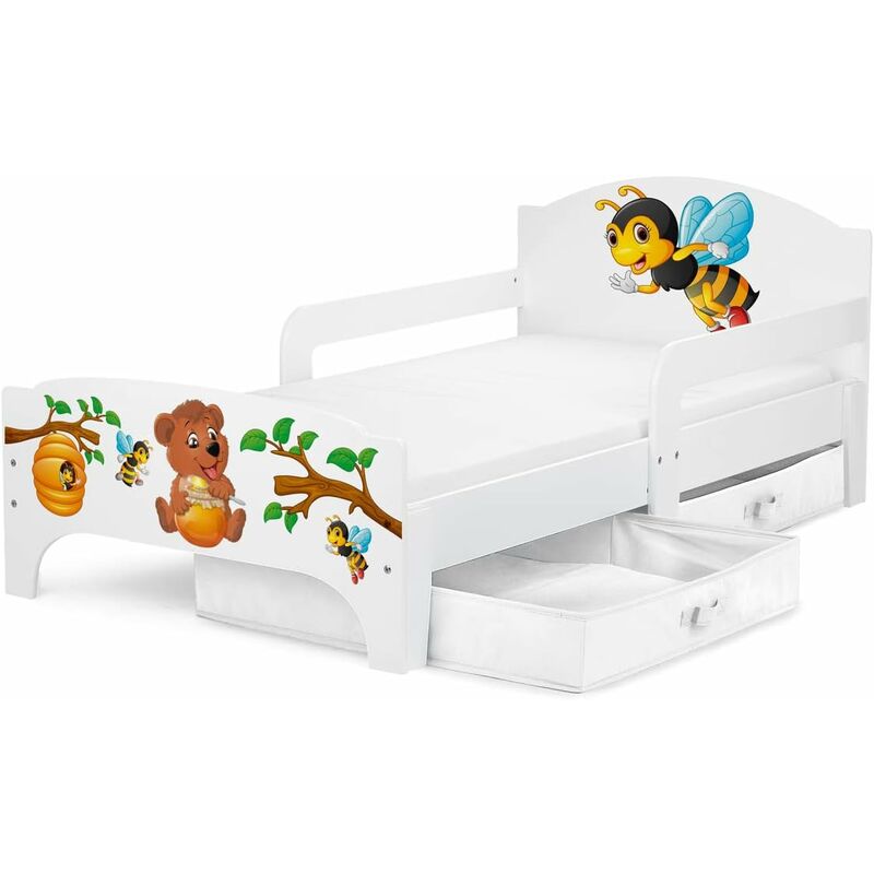 SMART Kinderbett aus Holz - Tiere Fass Honig - Einzelbett mit Schubladen und Matratze (140/70 cm)