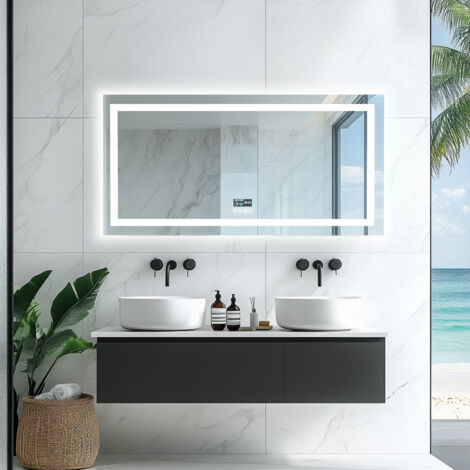 Smart LED Illuminated Fog-free Large Bathroom Mirror with Bluetooth Speakers, Time and Date Digital Display - Rectangular 1200mm x 600mm