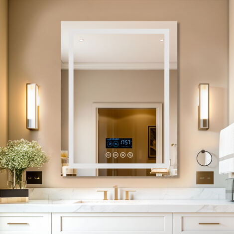Smart LED Illuminated Fog-free Large Bathroom Mirror with Bluetooth Speakers, Time and Date Digital Display - Rectangular 800mm x 600mm