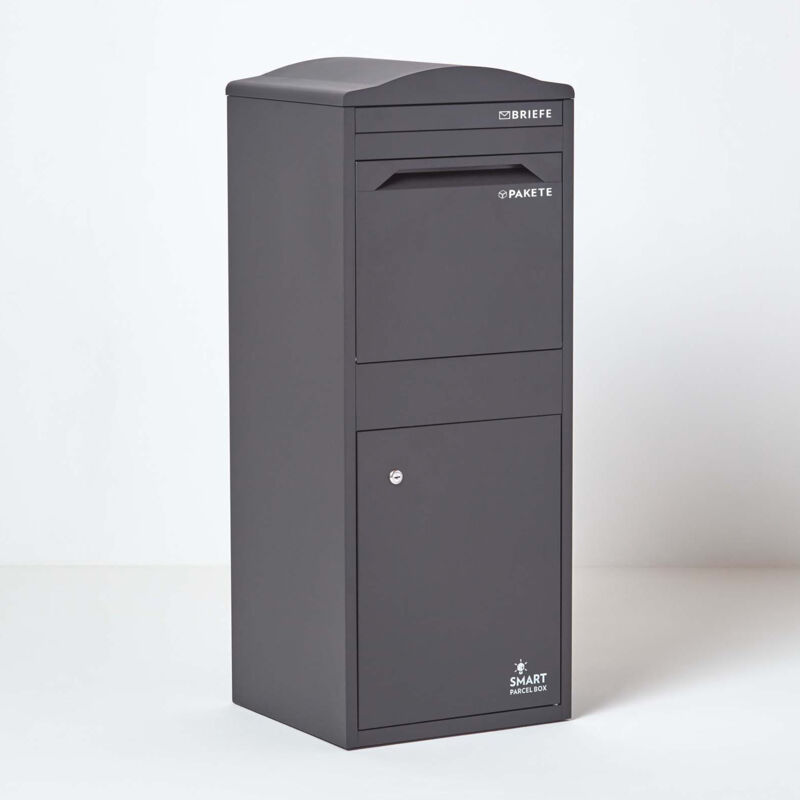 Homescapes - Smart Parcel Box™ Paketbriefkasten Paketkasten Standbriefkasten Paketbox Mit Gebogenem Dach, Entnahme Vorne, Grau