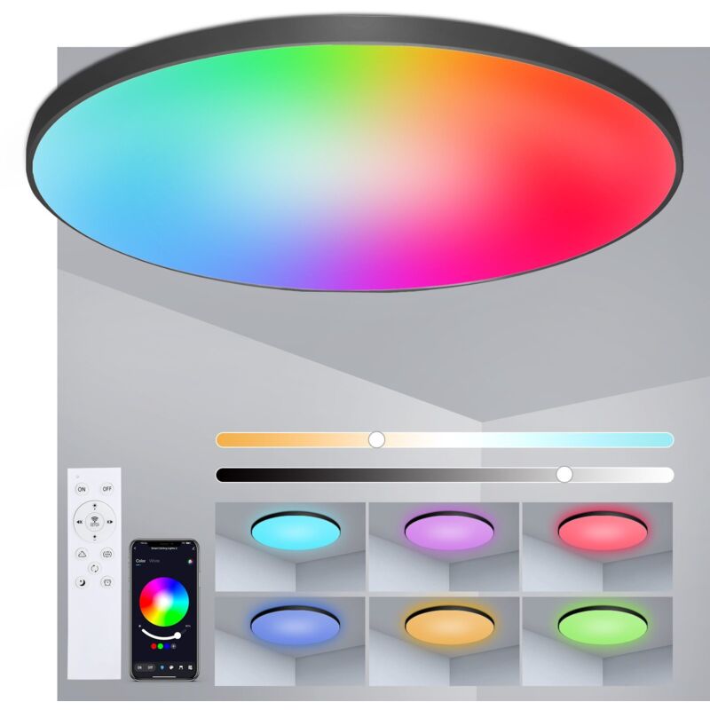 Smart Plafonnier LED Dimmable 24W(Ø30cm), Rétroéclairage RGB, avec Télécommande - Noir