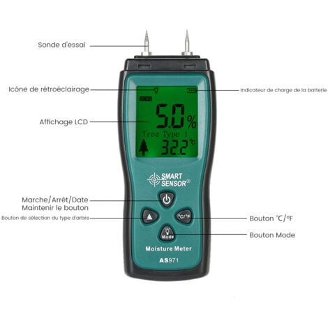 OWSOO SMART SENSOR Testeur d'humidité du bois Testeur d'humidité à 2 broches Gamme de 2% à 70%,Sans piles