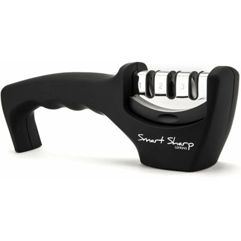 Smart Sharp 3-Stage Sharpener - for Kitchen Knives - Professional Results/Ergonomic Design - Ceramic Stone/Tungsten Carbide/Diamond - Black/Chrome Finish