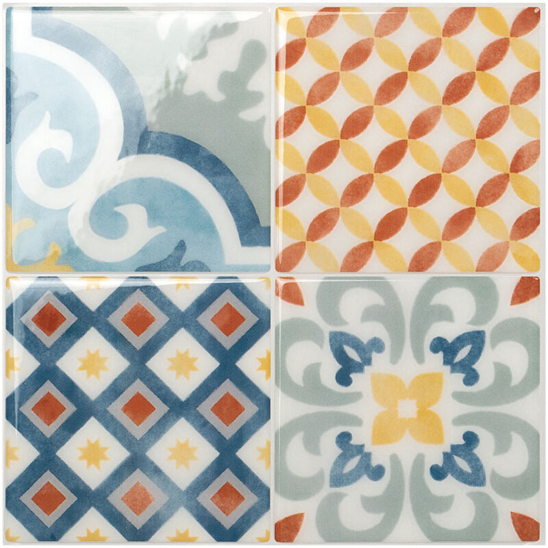 Smart Tiles - 4 crédences adhésives - Vintage Almada Multicolore - Effet carreaux de ciment - 22.86 cm x 22.86 cm