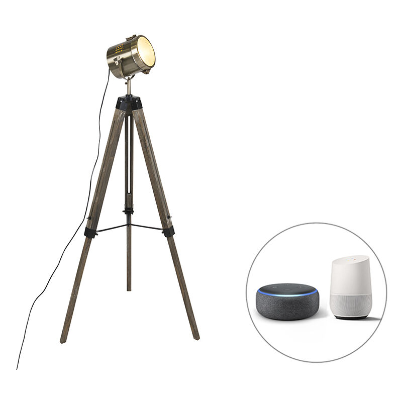Qazqa - Smart Tripod Floor Lamp Wood With Studio Spotlight Incl. Wifi B35 - Braha
