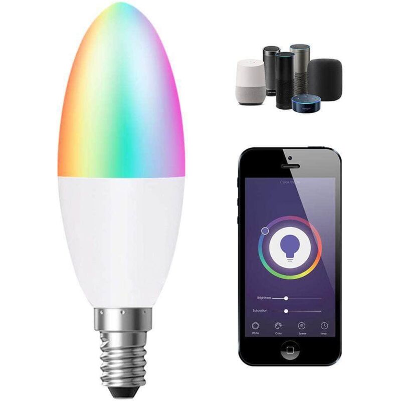 E14 Smart Candle Light Bulbs Colour Changing, WiFi Spotlight, Multi Coloured, RGBCW 2700K-6000K , 4.5W Power, LED Candle Bulb, Works with Alexa and