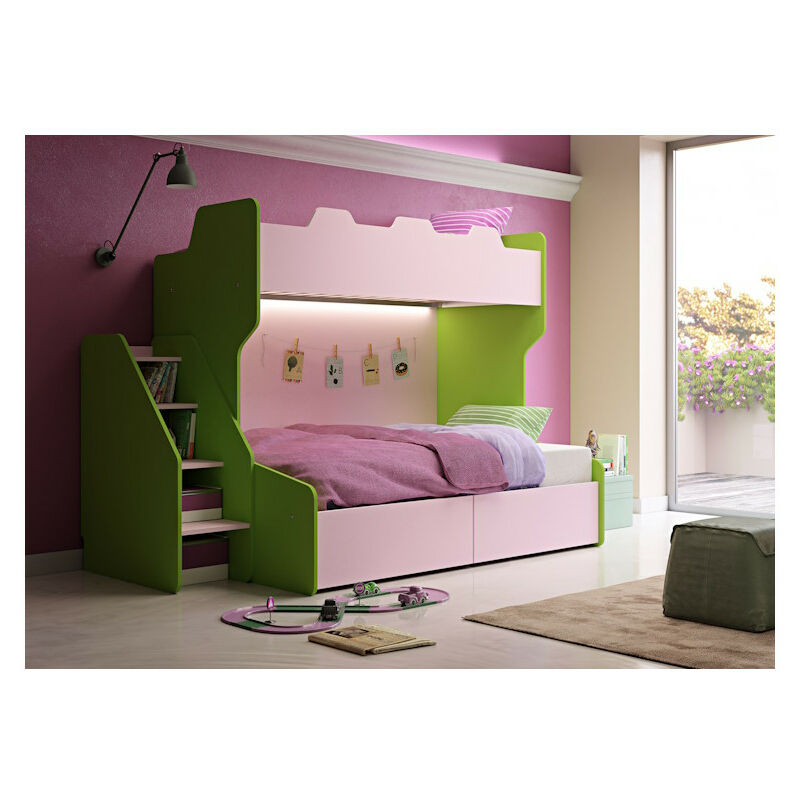 SMART120 - Lit superposé avec un lit trois-quarts avec échelle de rangement indépendante - Bianco e Salvia
