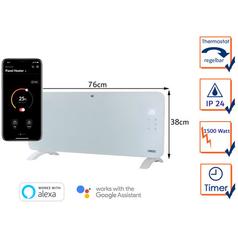 Smarte Konvektor Heizung WIFI, Glaskörper 76cm breit, 1500 Watt