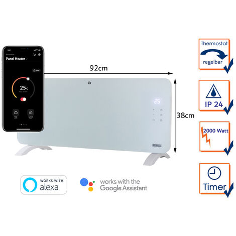 Smarte Konvektor Heizung WIFI, Glaskörper 92cm breit, 2000 Watt