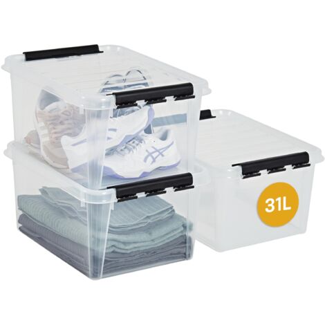 SmartStore Scatole di stoccaggio trasparente in plastica da 31L, Pacco da 3, Rinforzate, Garanzia 10 Anni, Sicure per Alimenti, Chiusura con Clip, Impilabili e Sovrapponibili L50 x P39 x A26cm