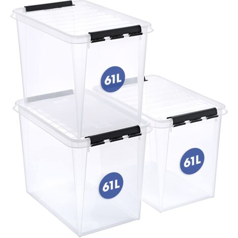 SmartStore Scatole portaoggetti grandi in plastica con coperchio, 61 l, confezione da 3, rinforzate, trasparenti, 10 anni, sicure per alimenti, con chiusura a clip, impilabili e impilabili, 59 x 39 x