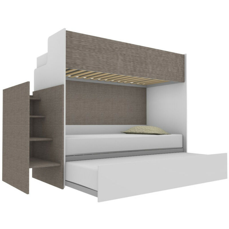 SMARTX021120 - Lit superposé avec balcon arrière et lit simple et demi inférieur avec marches de rangement - Blanc et fumée - Blanc et fumée