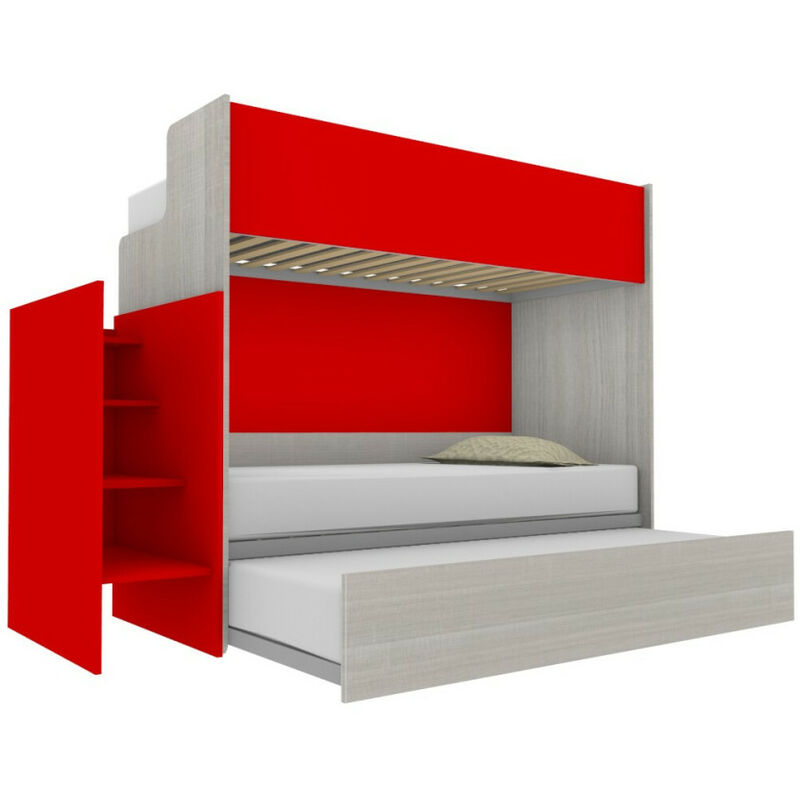 SMARTX021120 - Lit superposé avec balcon arrière et lit simple et demi inférieur avec marches de rangement - Roche et chêne rouge - Roche et chêne