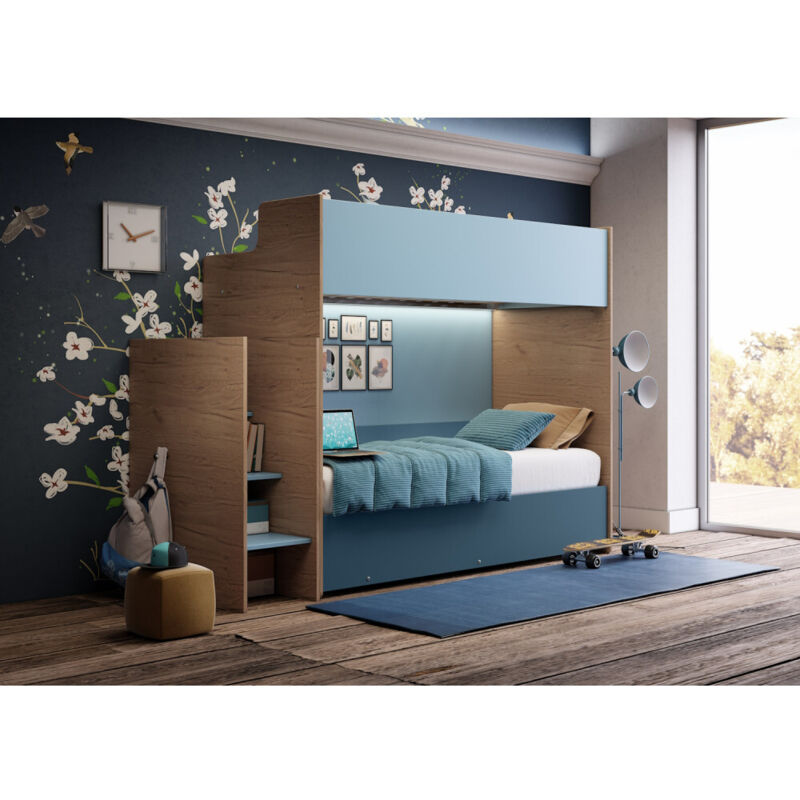 Mobilfino Camerette - Lit superposé minimaliste avec troisième lit gigogne - Rovere rock e basalto