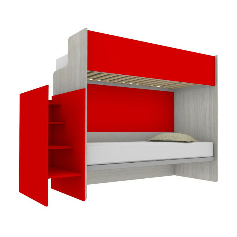SMARTX021120 - Lit superposé avec balcon arrière et lit simple et demi inférieur avec marches de rangement - Roche et chêne rouge - Roche et chêne