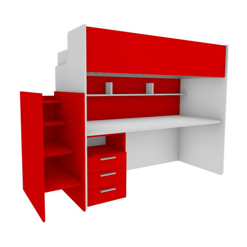 Mobilfino Camerette - Lit superposé avec bureau intégré et échelle de rangement – Solution gain de place idéale pour les enfants - Blanc et rouge
