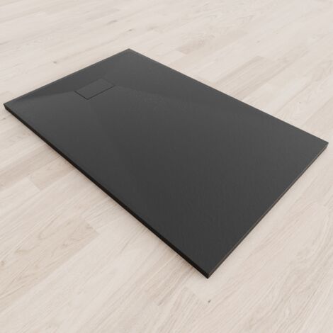 SMC Duschwanne Duschtasse mit Anti-Rutsch Flach mit Steinoptik Schwarz inkl. Ablaufgarnitur 140x90 cm