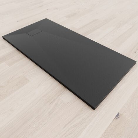 SMC Duschwanne Duschtasse mit Anti-Rutsch Flach mit Steinoptik Schwarz inkl. Ablaufgarnitur 160x80 cm