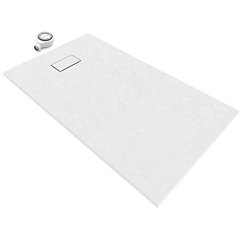 SMC piatto doccia 140 x 80 cm, piatto doccia piatto in resistente SMC con superficie antiscivolo e effetto ardesia/pietra con scarico con coperchio SMC – bianco
