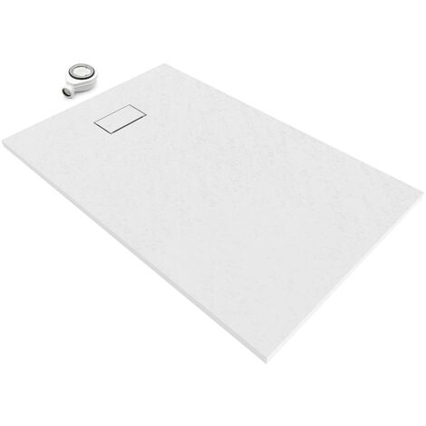 SMC piatto doccia 140 x 90 cm, piatto doccia piatto in resistente SMC con superficie antiscivolo e effetto ardesia/pietra con scarico con coperchio SMC – bianco