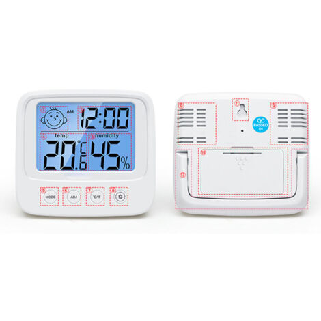 Smiley Face Indoor Thermometer Hygrometer mit Alarm, Datumsanzeige und hellem Display für Babyzimmer. Gehaltsanzeige.
