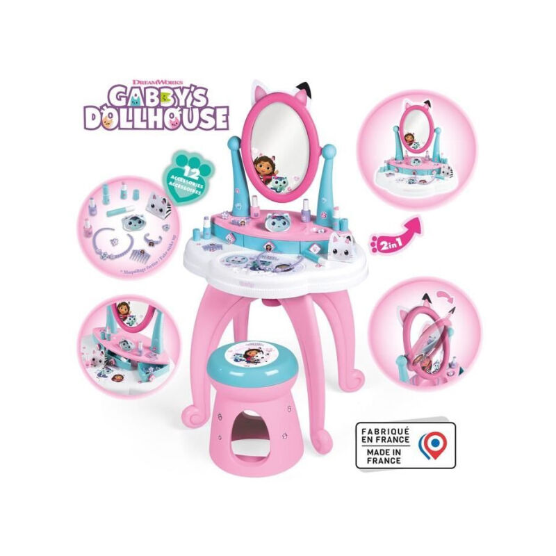 Gabby et la Maison Magique - Coiffeuse enfant 2 en 1 - Tabouret inclus - 12 accessoires - Miroir orientable - Smoby