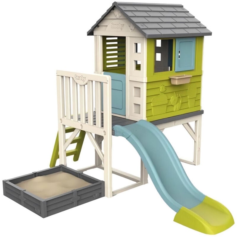Maison Enfant Pilotis Square - Toboggan + Echelle - Bac a sable ou Carré a potager - Smoby