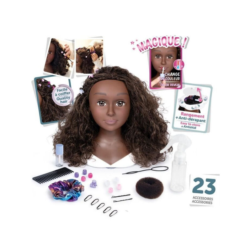 Tete a coiffer cheveux afro - Facile a coiffer - 23 accessoires réalistes - Levres thermosensibles - Trappe de rangemen - Smoby