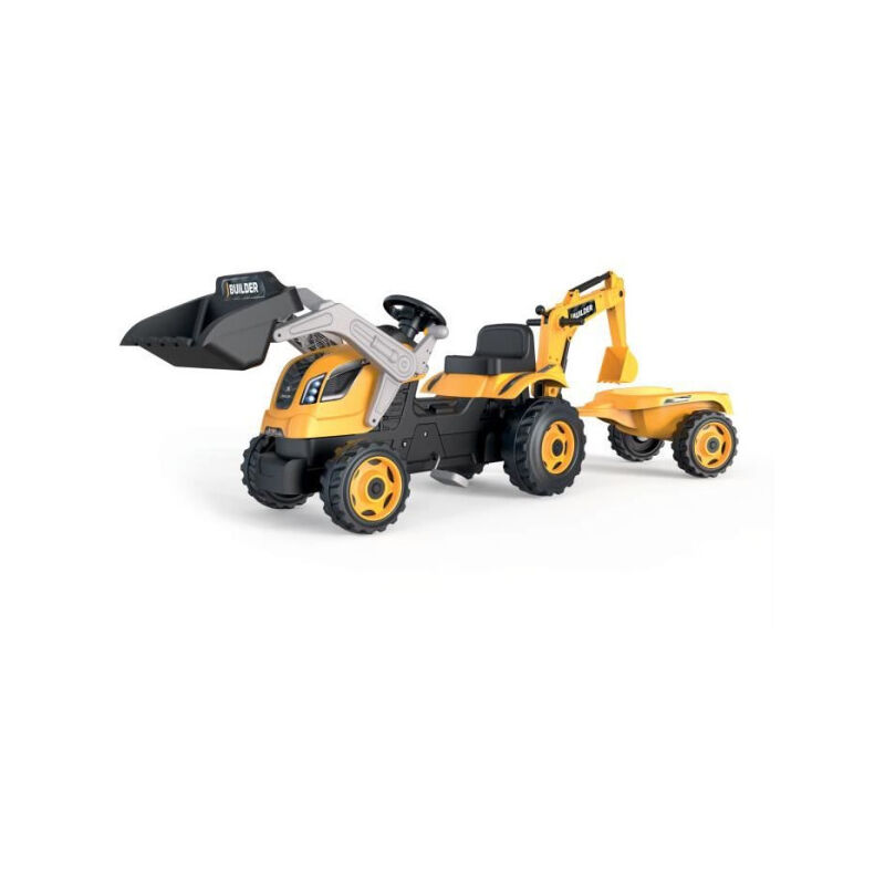 Tracteur a pédales Builder Max + Remorque + Pelleteuse + Pelle Smoby Jaune
