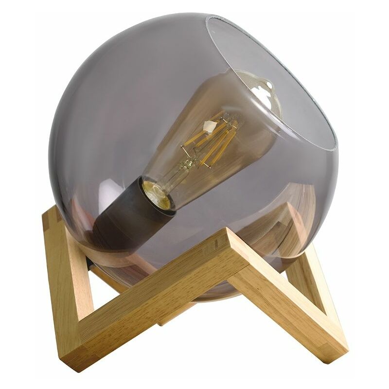 Smoked Glass Globe Bedside Table Lamp On A Wooden Frame Base - Add LED Bulbs