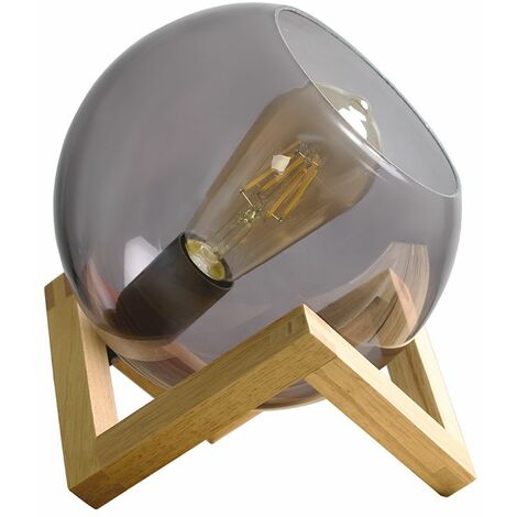 Smoked Glass Globe Bedside Table Lamp On A Wooden Frame Base - No Bulb