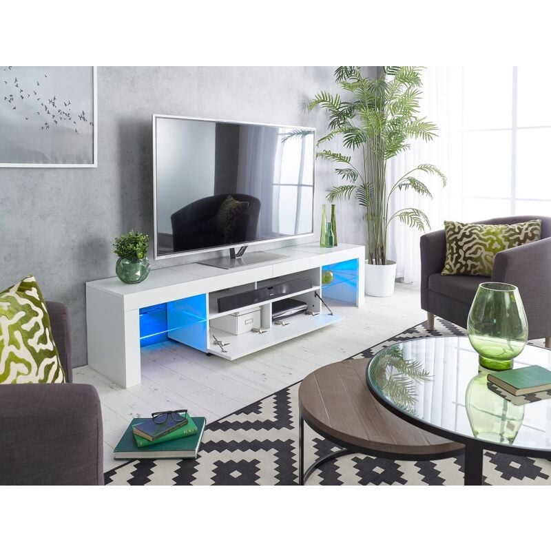 Modern White 200cm Matt Gloss TV Stand with glass shelves Cabinet Suitable for 55 65 70 75 80 Inch 4K LED Flat Screen TV's