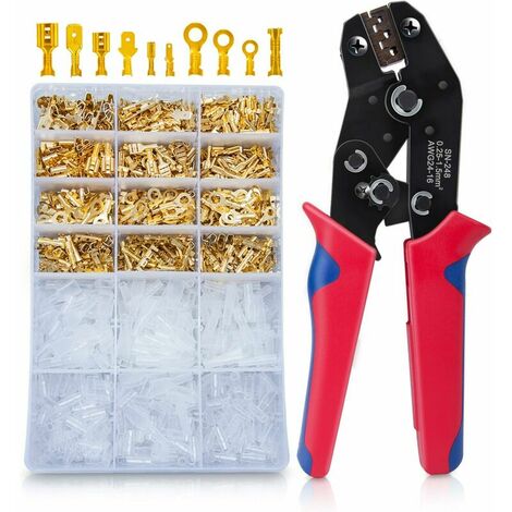 SN-48B Alicates de engarzado con 600 PCS Terminales 2,8 mm 4,8 mm 6,3 mm Macho Hembra Ferrulas de cableado eléctrico Engarzadora 0,25-1,5 mm² Alicates profesionales Herramienta de engarzado